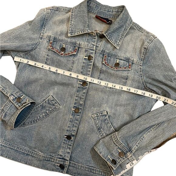 DENVER HAYES Denim Beaded Detail Button Up Stretch Jean Jacket M - Picture 6 of 8